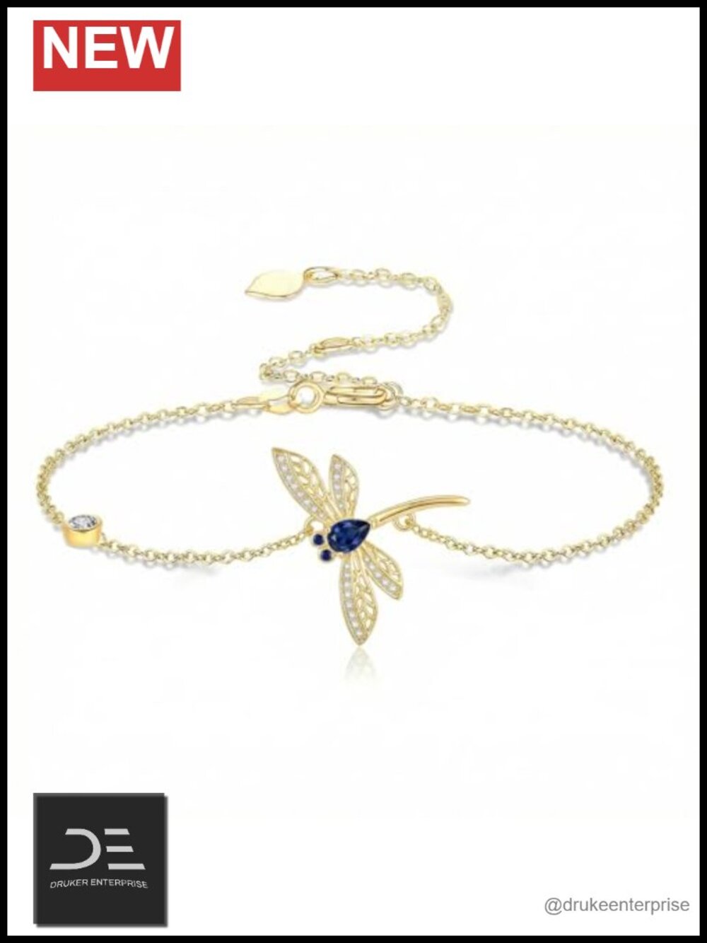 14K Gold Plated Dragonfly Charm Bracelet with Moissanite & Sapphire for Women